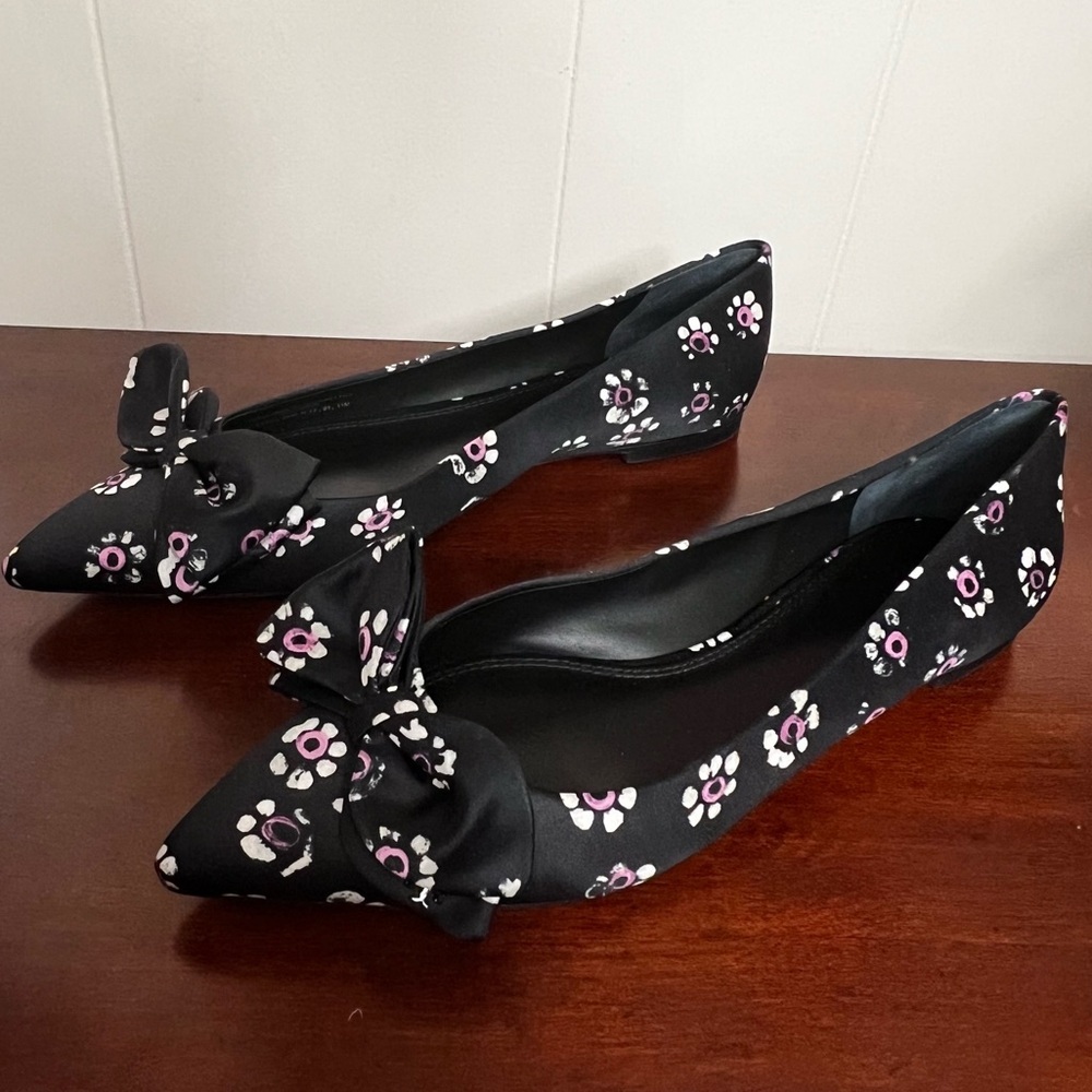Tory Burch Ballet Flats Rosalind Black Floral Print Satin bow Size 11 NWT - Picture 7 of 11